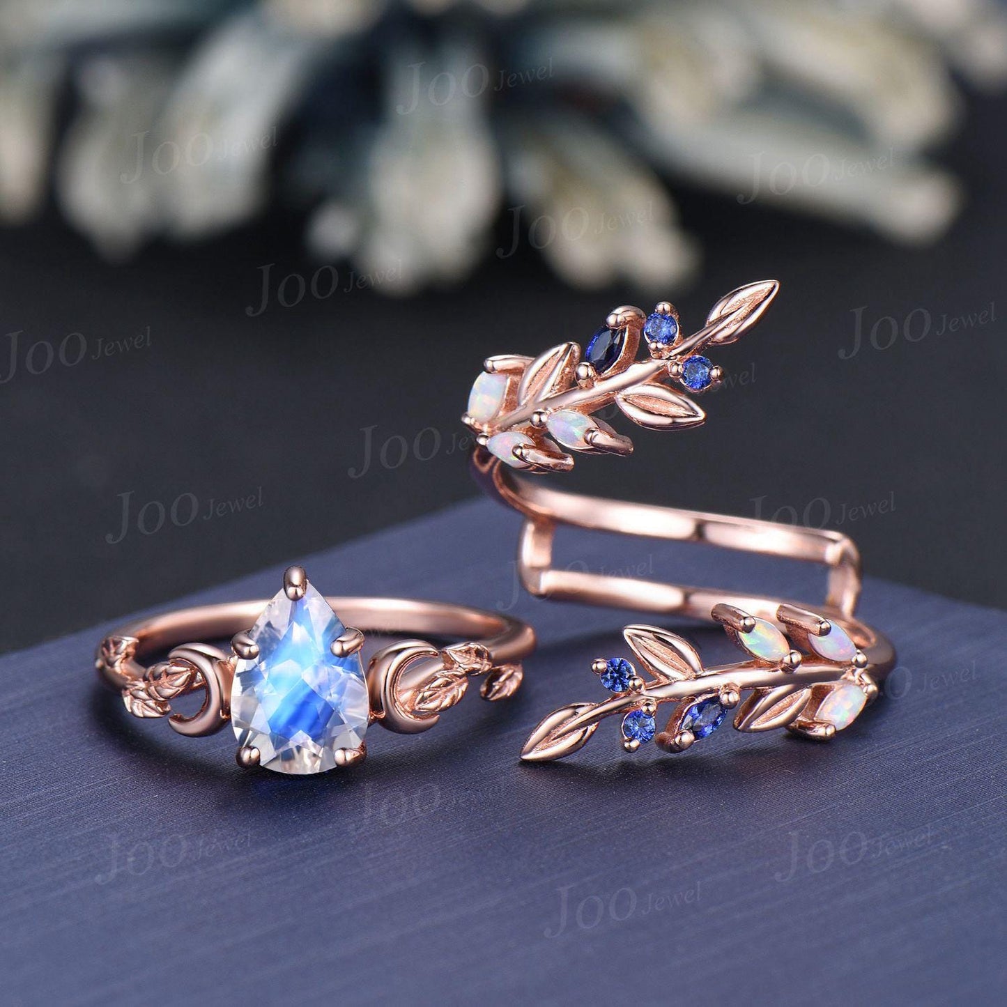 Pear Cut Natural Moonstone Solitaire Bridal Ring 14K Solid Gold Enchanted Vine Bypass Wedding Band Opal Blue Sapphire Leaf Moon Ring Women