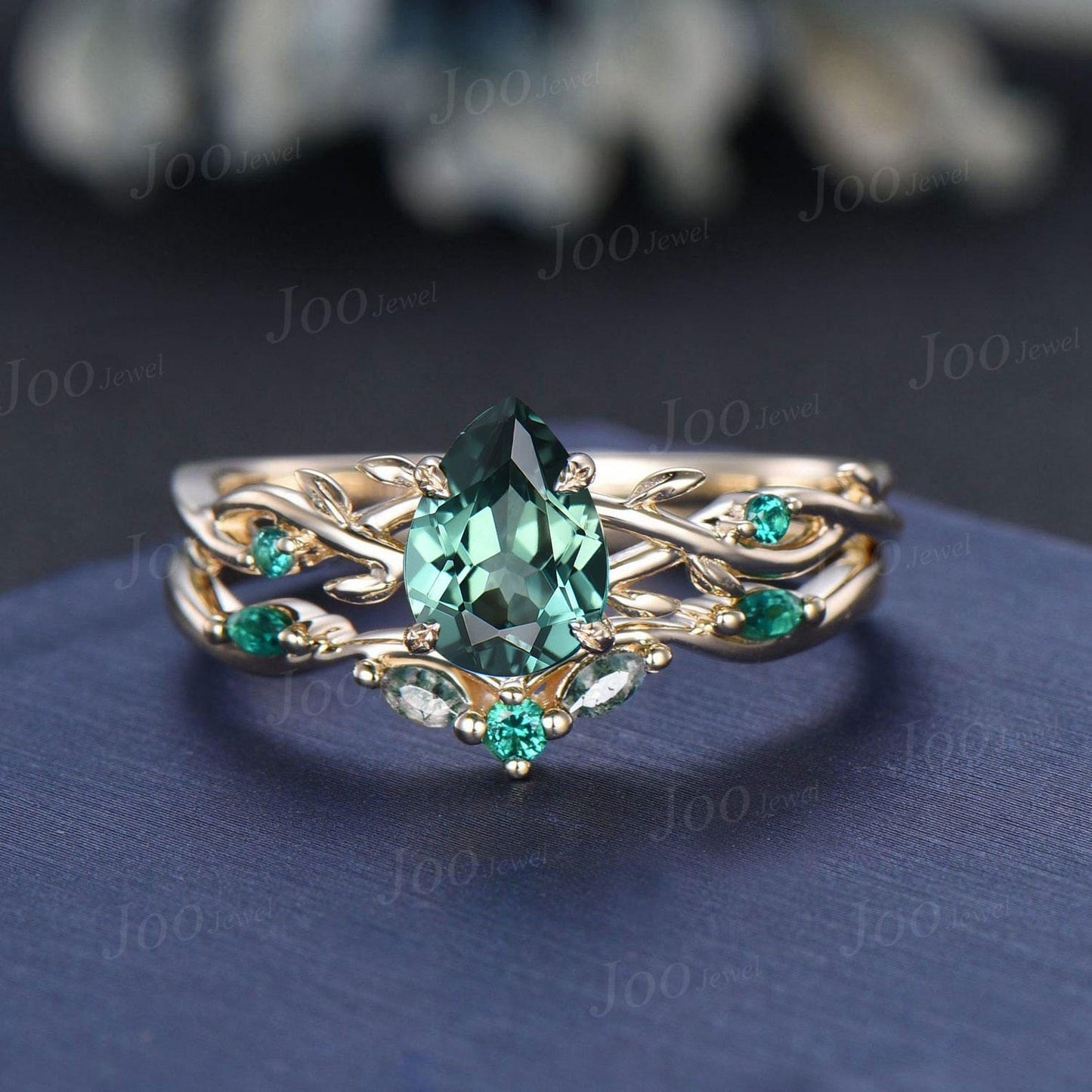 Black Gold Green Sapphire Engagement Ring 1.25ct Twig Vine Pear Blue Montana Teal Sapphire Wedding Ring Set Goth Black Promise Ring Women