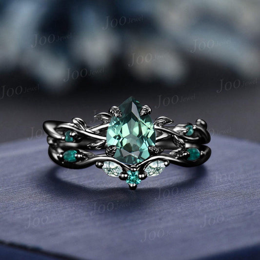 Black Gold Green Sapphire Engagement Ring 1.25ct Twig Vine Pear Blue Montana Teal Sapphire Wedding Ring Set Goth Black Promise Ring Women