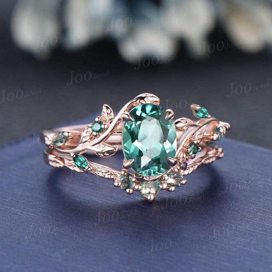 1.5ct Oval Cut Green Teal Sapphire Cluster Bridal Ring Set Rose Gold Leaf Engagement Ring Green Wedding Ring Moss Agate Wedding Band Women