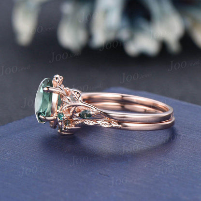 1.5ct Oval Cut Green Teal Sapphire Cluster Bridal Ring Set Rose Gold Leaf Engagement Ring Green Wedding Ring Moss Agate Wedding Band Women