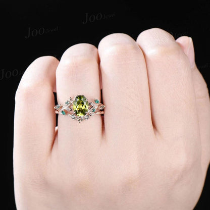 1.5ct Oval Cut Natural Green Peridot Engagement Ring Set-Forest Wedding Rings-Emerald & Moss Agate Accent- Boho Holiday Bride Jewelry 2pcs