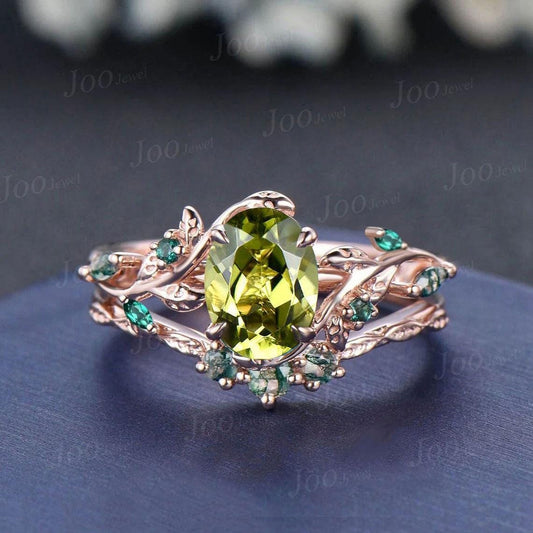 1.5ct Oval Cut Natural Green Peridot Engagement Ring Set-Forest Wedding Rings-Emerald & Moss Agate Accent- Boho Holiday Bride Jewelry 2pcs