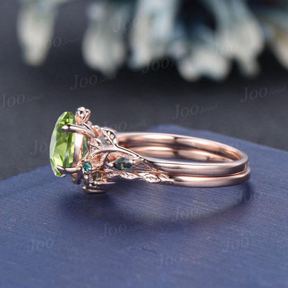 1.5ct Oval Cut Natural Green Peridot Engagement Ring Set-Forest Wedding Rings-Emerald & Moss Agate Accent- Boho Holiday Bride Jewelry 2pcs