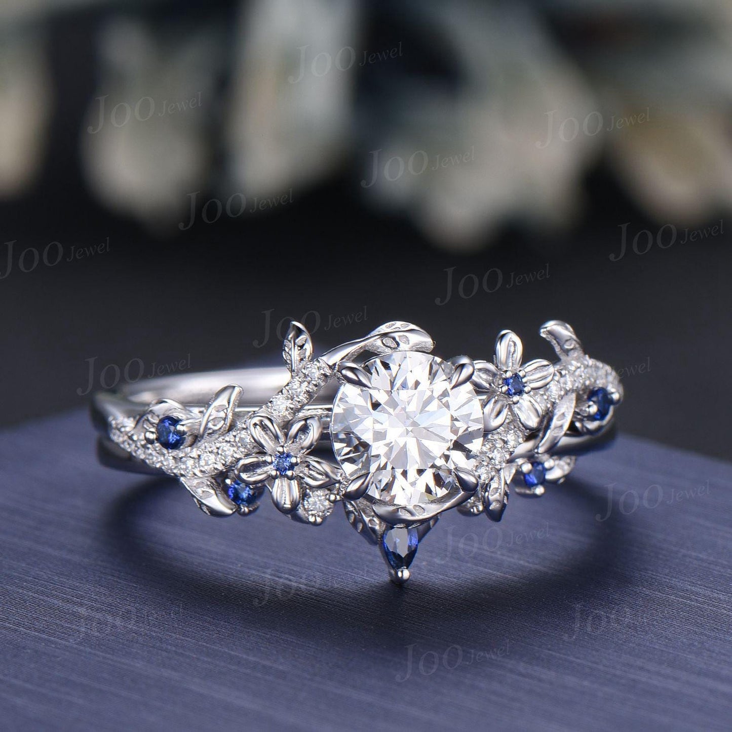 1.5ct IGI Certified Lab Diamond Leaf Ring Set | VVS D Round Diamond with Blue Sapphire Accents | Nature Inspired Engagement Ring for Women
