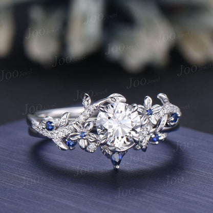 1.5ct IGI Certified Lab Diamond Leaf Ring Set | VVS D Round Diamond with Blue Sapphire Accents | Nature Inspired Engagement Ring for Women