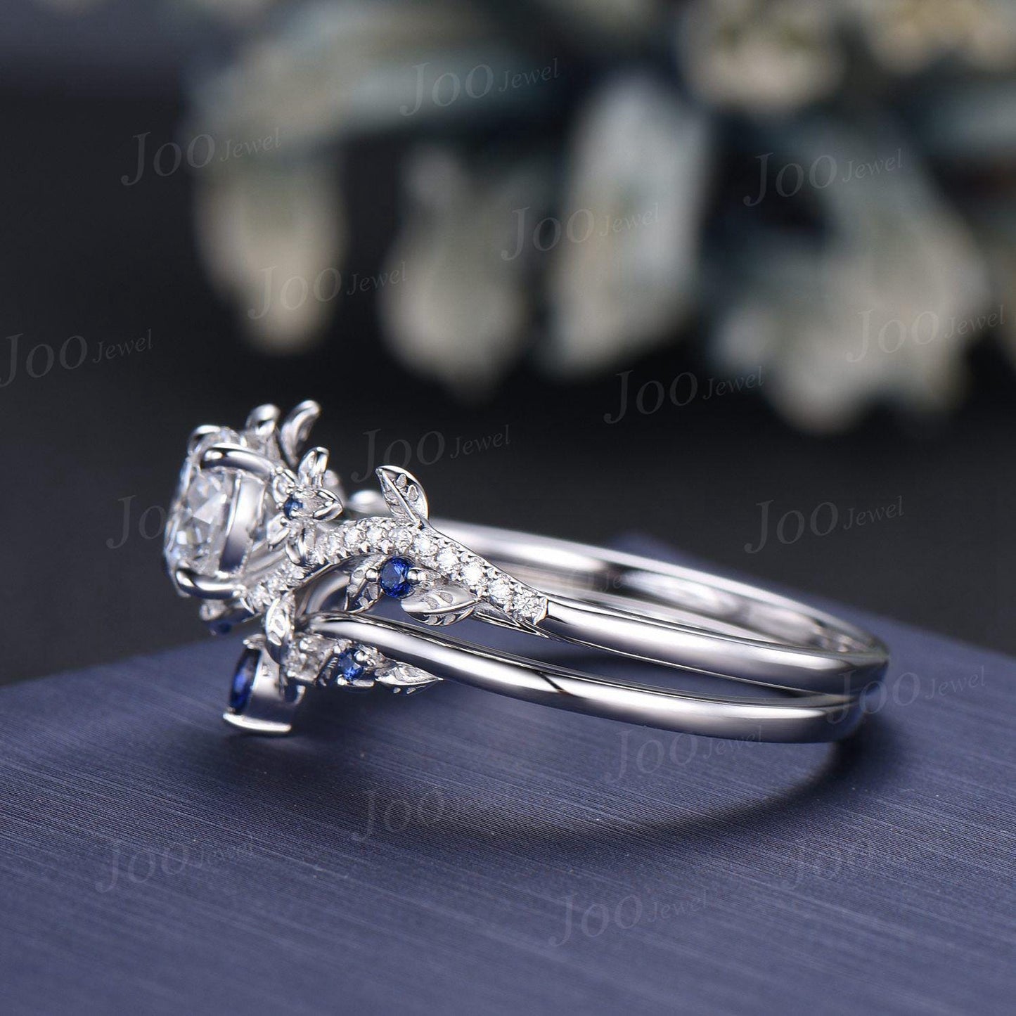 1.5ct IGI Certified Lab Diamond Leaf Ring Set | VVS D Round Diamond with Blue Sapphire Accents | Nature Inspired Engagement Ring for Women