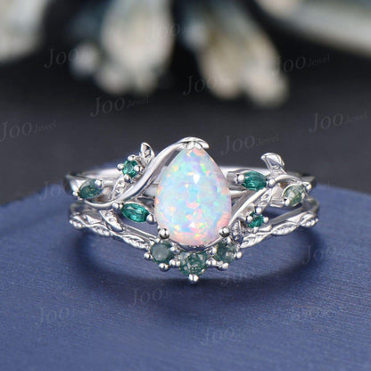 1.25ct Teardrop White Opal Engagement Ring Rose Gold | Emerald Vine Branch Rings | Moss Agate Wedding Band | Unique Opal Bridal Set for Her