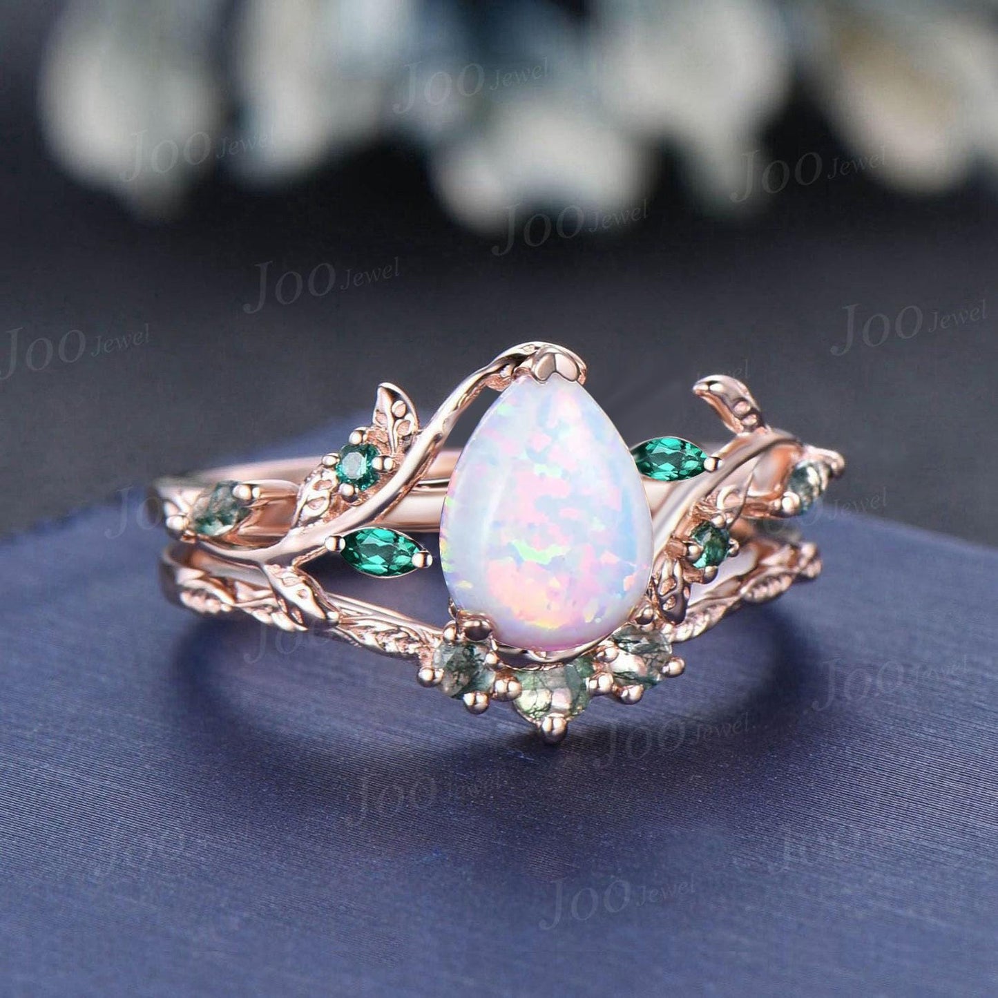 1.25ct Teardrop White Opal Engagement Ring Rose Gold | Emerald Vine Branch Rings | Moss Agate Wedding Band | Unique Opal Bridal Set for Her