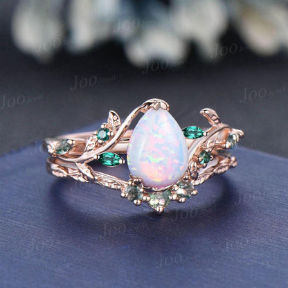 1.25ct Teardrop White Opal Engagement Ring Rose Gold | Emerald Vine Branch Rings | Moss Agate Wedding Band | Unique Opal Bridal Set for Her