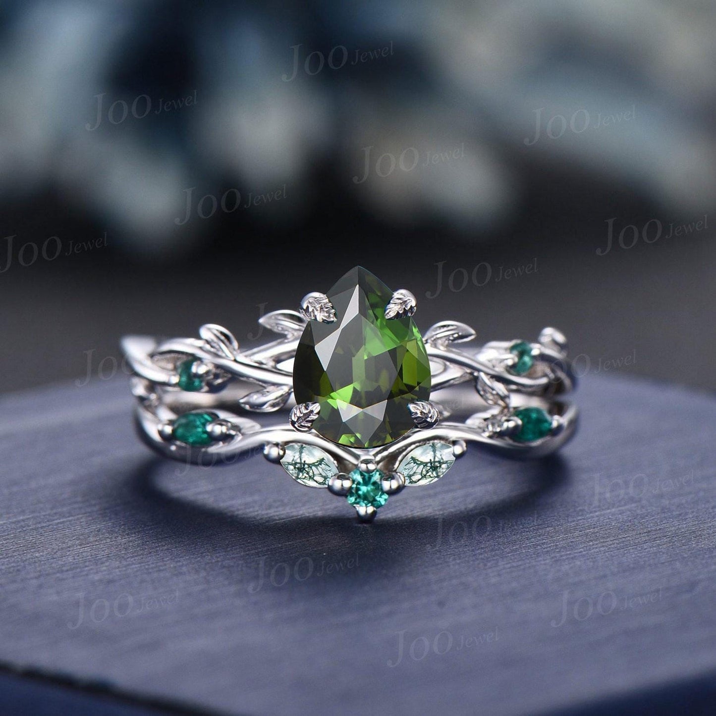 1.25ct Pear Cut Natural Green Tourmaline Emerald Engagement Ring Twig Vine Agate Wedding Ring Set Non-traditional Black Promise Ring Women