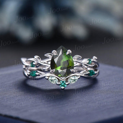 1.25ct Pear Cut Natural Green Tourmaline Emerald Engagement Ring Twig Vine Agate Wedding Ring Set Non-traditional Black Promise Ring Women