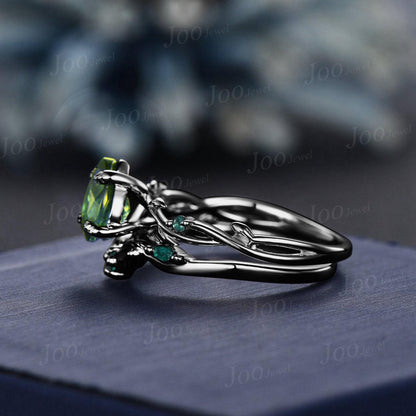 1.25ct Pear Cut Natural Green Tourmaline Emerald Engagement Ring Twig Vine Agate Wedding Ring Set Non-traditional Black Promise Ring Women