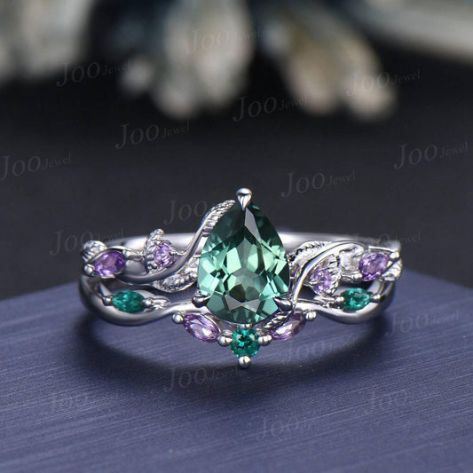 1.25ct Teardrop Cut Green Teal Sapphire Amethyst Forest Bridal Ring Sterling Silver Engagement Ring Green Emerald Wedding Band for Women