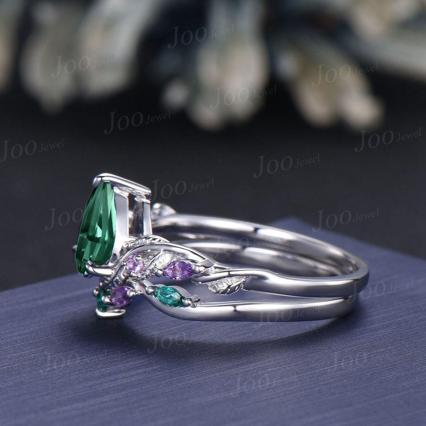 1.25ct Teardrop Cut Green Teal Sapphire Amethyst Forest Bridal Ring Sterling Silver Engagement Ring Green Emerald Wedding Band for Women