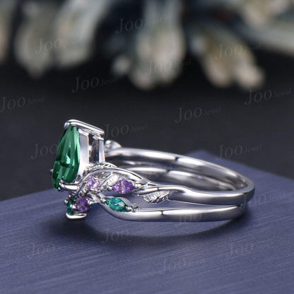 1.25ct Teardrop Cut Green Teal Sapphire Amethyst Forest Bridal Ring Sterling Silver Engagement Ring Green Emerald Wedding Band for Women