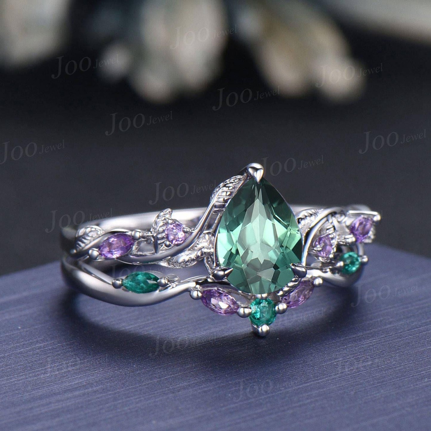 1.25ct Teardrop Cut Green Teal Sapphire Amethyst Forest Bridal Ring Sterling Silver Engagement Ring Green Emerald Wedding Band for Women