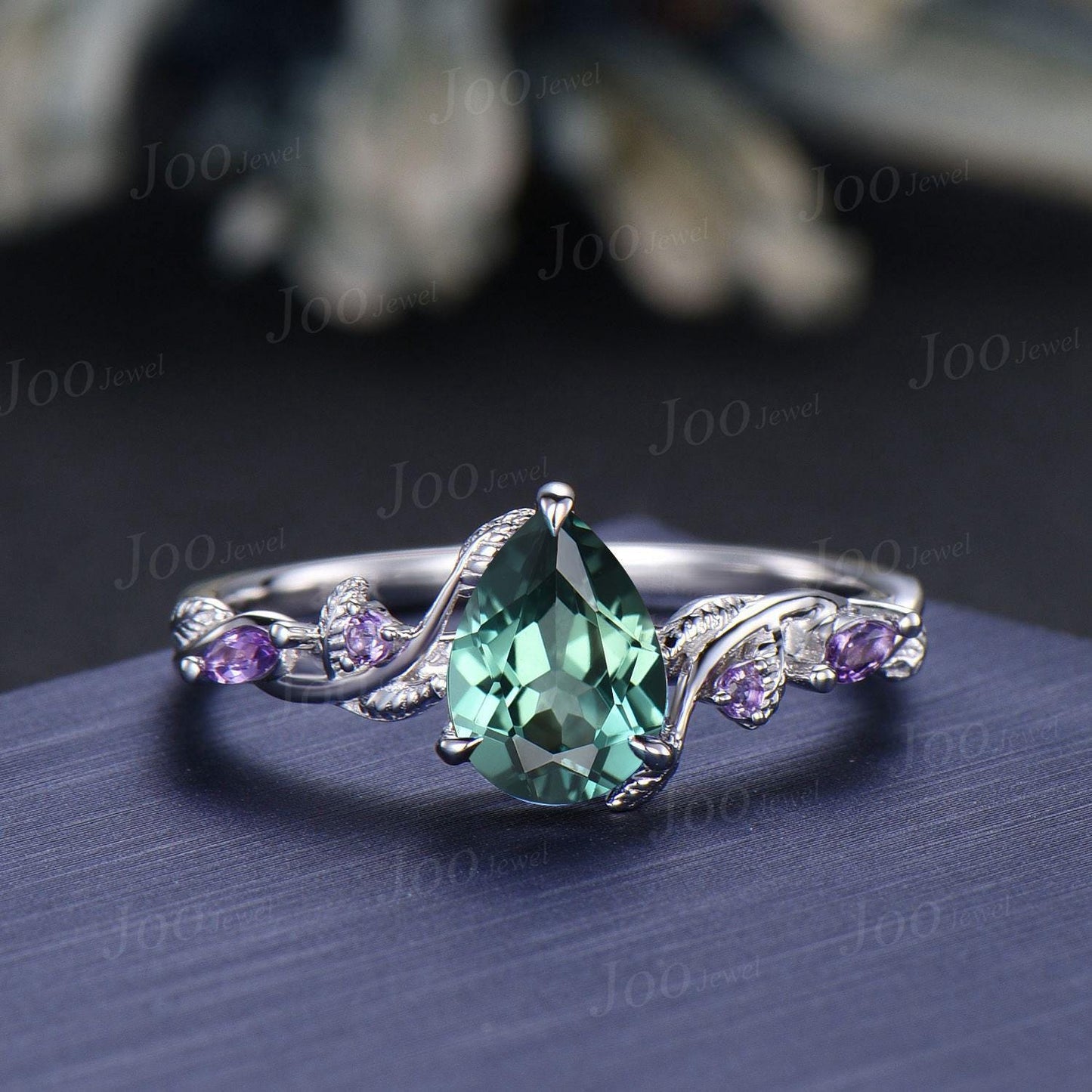 1.25ct Teardrop Cut Green Teal Sapphire Amethyst Forest Bridal Ring Sterling Silver Engagement Ring Green Emerald Wedding Band for Women