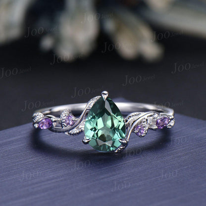 1.25ct Teardrop Cut Green Teal Sapphire Amethyst Forest Bridal Ring Sterling Silver Engagement Ring Green Emerald Wedding Band for Women