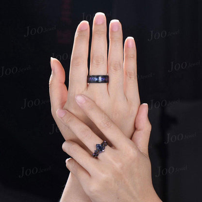 2pcs Galaxy Blue Sandstone Couple Ring Set Nature Inspired Gothic His and Her Black Wedding Ring Set Men No-Fading Tungsten Matching Rings