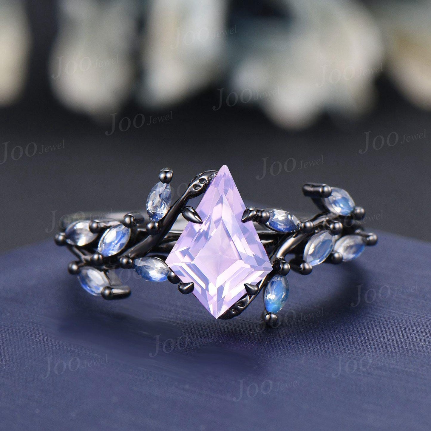 Vintage 2CT Kite Cut Lavender Amethyst Engagement Ring Black Gold Promise Ring Cluster Marquise Moonstone Bridal Wedding Ring Set for Women