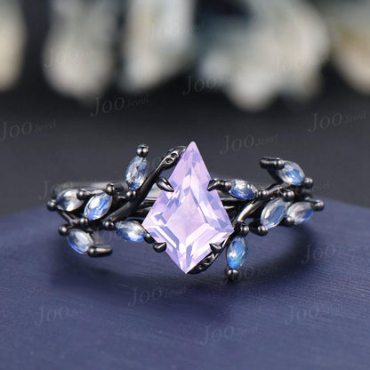 Vintage 2CT Kite Cut Lavender Amethyst Engagement Ring Black Gold Promise Ring Cluster Marquise Moonstone Bridal Wedding Ring Set for Women