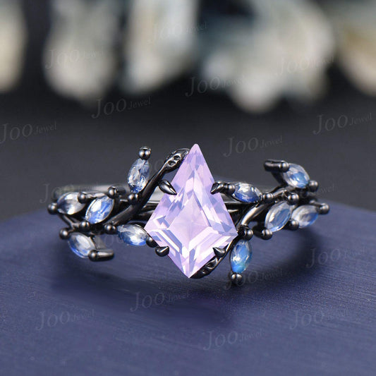 Vintage 2CT Kite Cut Lavender Amethyst Engagement Ring Black Gold Promise Ring Cluster Marquise Moonstone Bridal Wedding Ring Set for Women
