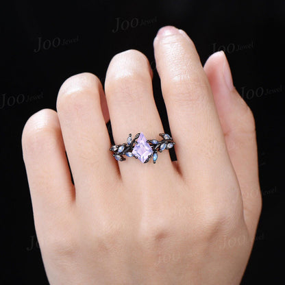 Vintage 2CT Kite Cut Lavender Amethyst Engagement Ring Black Gold Promise Ring Cluster Marquise Moonstone Bridal Wedding Ring Set for Women