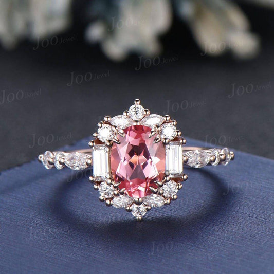 1.5ct Oval Cut Padparadscha Sapphire Engagement Ring | Moissanite Halo Vintage Style Ring | Unique Peach Pink Gemstone Bridal Ring for Women