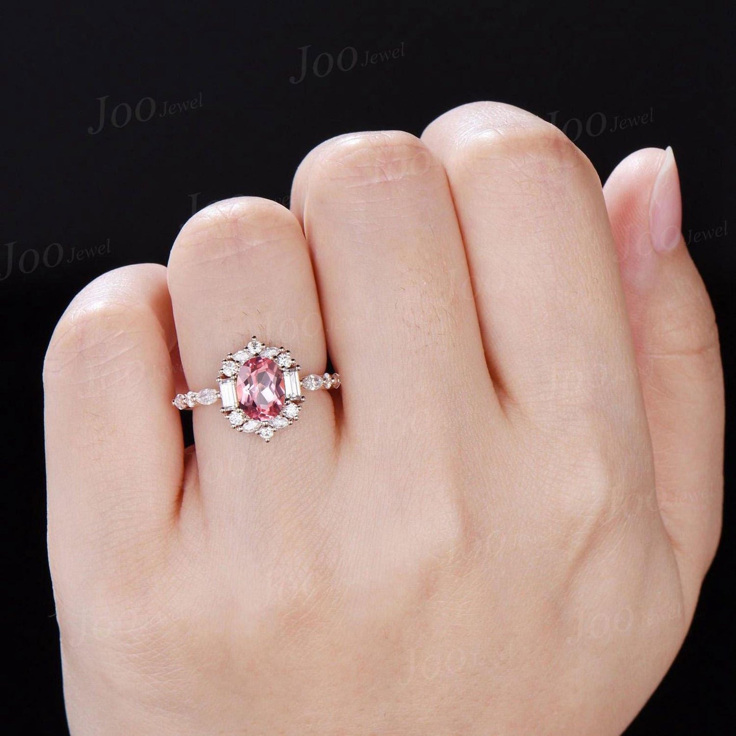1.5ct Oval Cut Padparadscha Sapphire Engagement Ring | Moissanite Halo Vintage Style Ring | Unique Peach Pink Gemstone Bridal Ring for Women