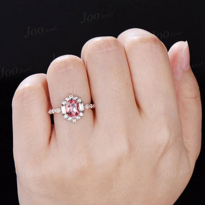1.5ct Oval Cut Padparadscha Sapphire Engagement Ring | Moissanite Halo Vintage Style Ring | Unique Peach Pink Gemstone Bridal Ring for Women