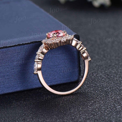 1.5ct Oval Cut Padparadscha Sapphire Engagement Ring | Moissanite Halo Vintage Style Ring | Unique Peach Pink Gemstone Bridal Ring for Women