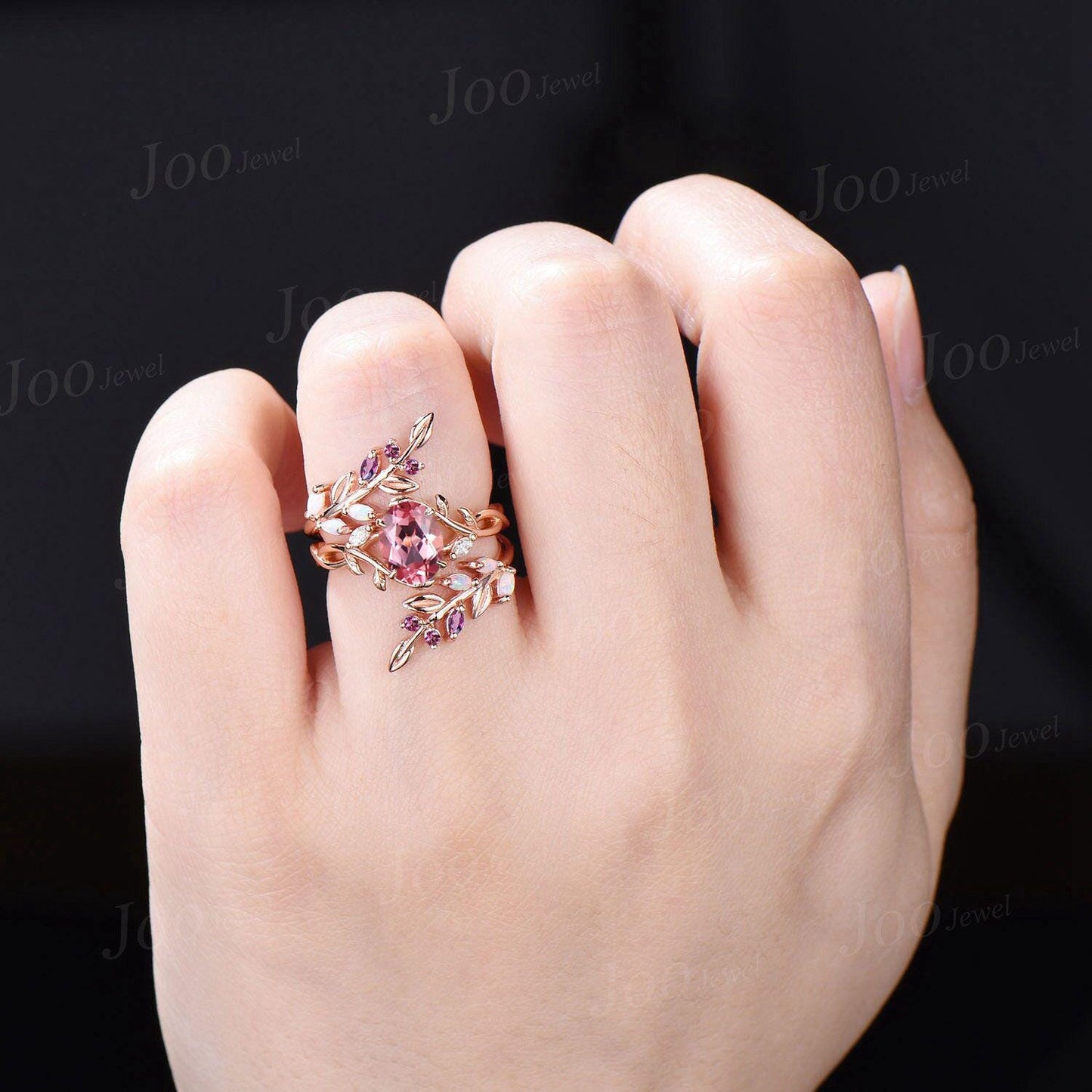 Oval Padparadscha Pink Sapphire Ring- Infinity Wedding Ring- Pink Tourmaline Opal Accent- Nature Inspired Bridal Ring- Enhancer Wedding Band