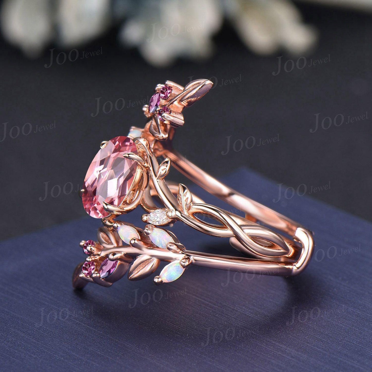 Oval Padparadscha Pink Sapphire Ring- Infinity Wedding Ring- Pink Tourmaline Opal Accent- Nature Inspired Bridal Ring- Enhancer Wedding Band