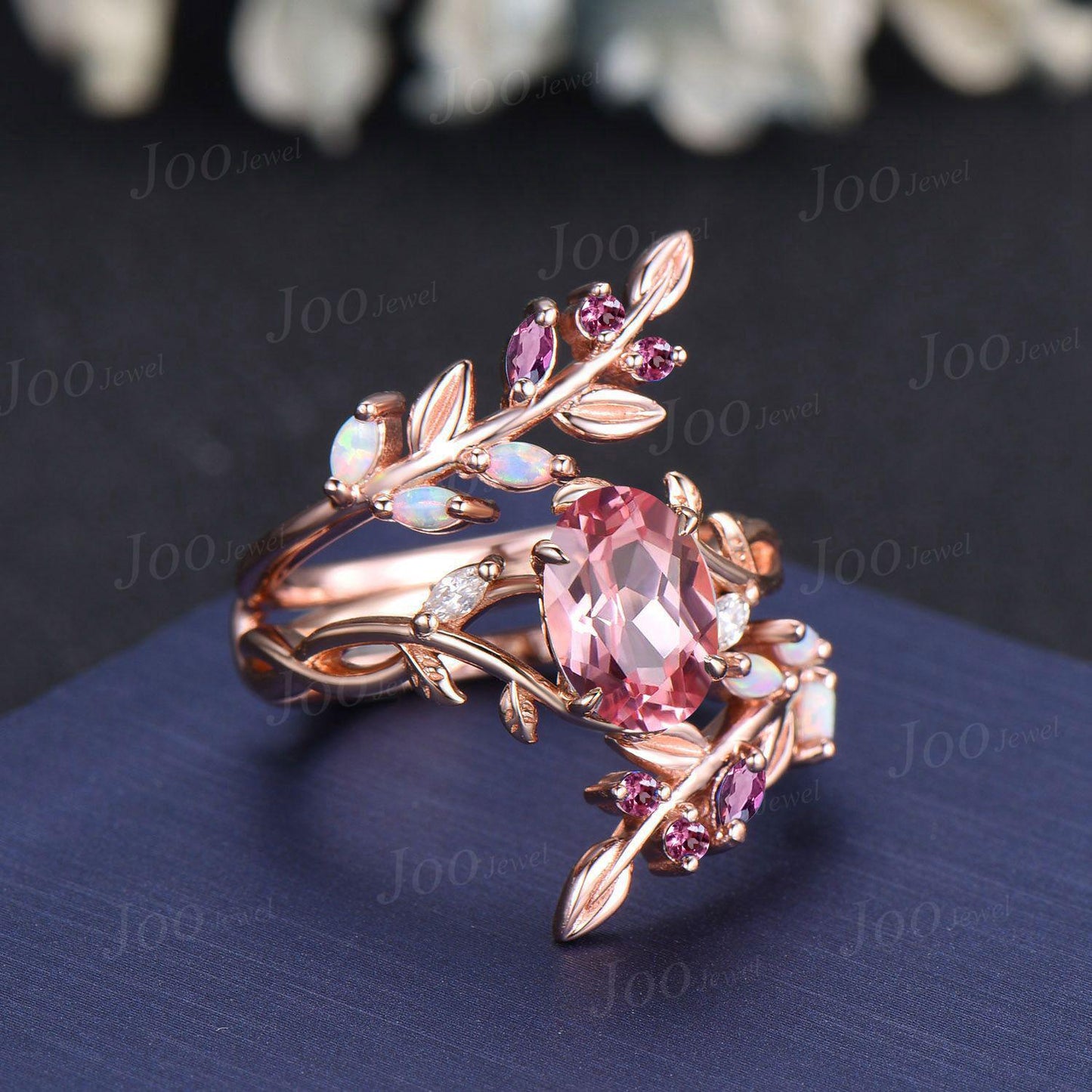 Oval Padparadscha Pink Sapphire Ring- Infinity Wedding Ring- Pink Tourmaline Opal Accent- Nature Inspired Bridal Ring- Enhancer Wedding Band