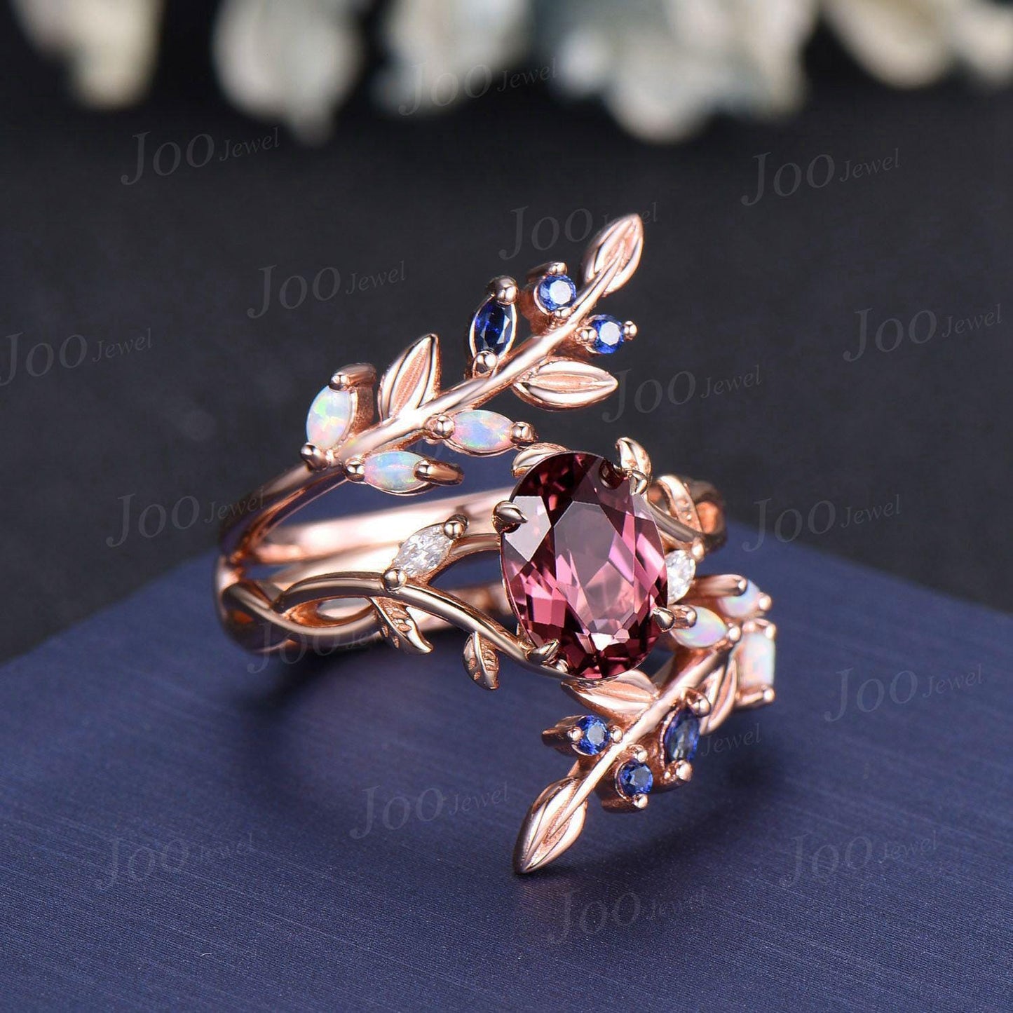 1.5ct Oval Natural Pink Tourmaline Nature Inspired Ring Set- Infinity Leaf Wedding Rings- Blue Sapphire Opal Accent- Enhancer Wedding Band