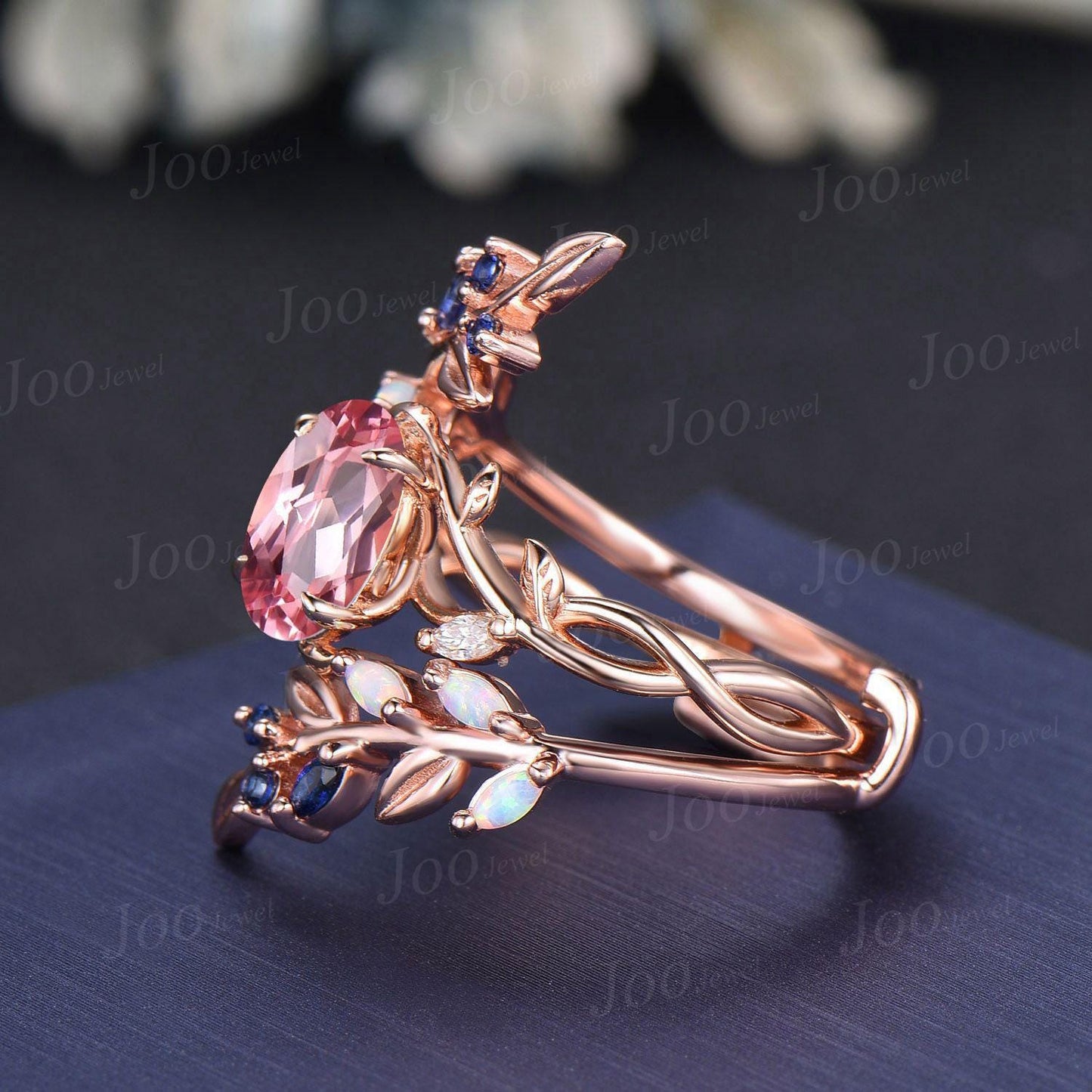 1.5ct Oval Natural Pink Tourmaline Nature Inspired Ring Set- Infinity Leaf Wedding Rings- Blue Sapphire Opal Accent- Enhancer Wedding Band