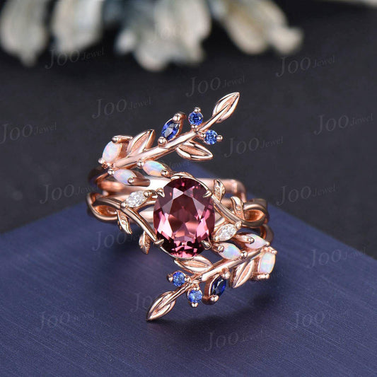 1.5ct Oval Natural Pink Tourmaline Nature Inspired Ring Set- Infinity Leaf Wedding Rings- Blue Sapphire Opal Accent- Enhancer Wedding Band