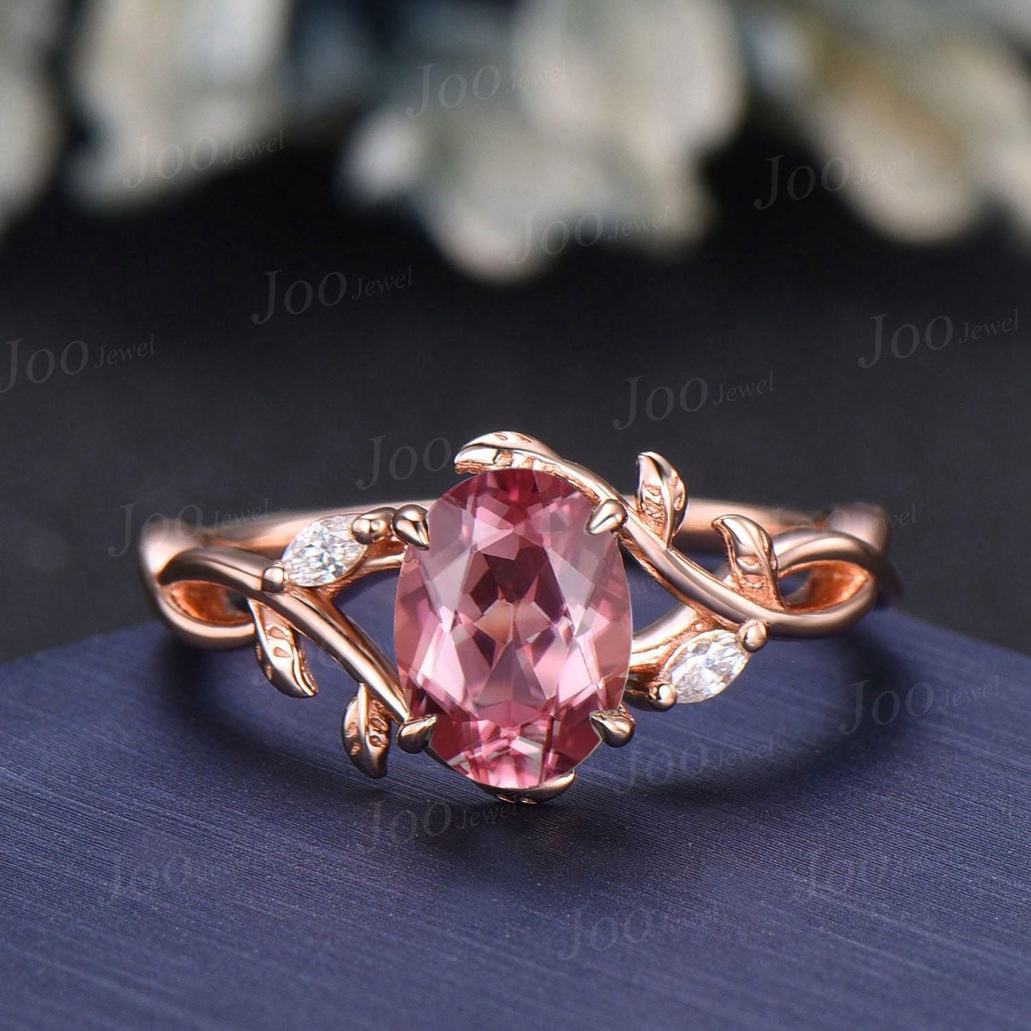 1.5ct Oval Natural Pink Tourmaline Nature Inspired Ring Set- Infinity Leaf Wedding Rings- Blue Sapphire Opal Accent- Enhancer Wedding Band