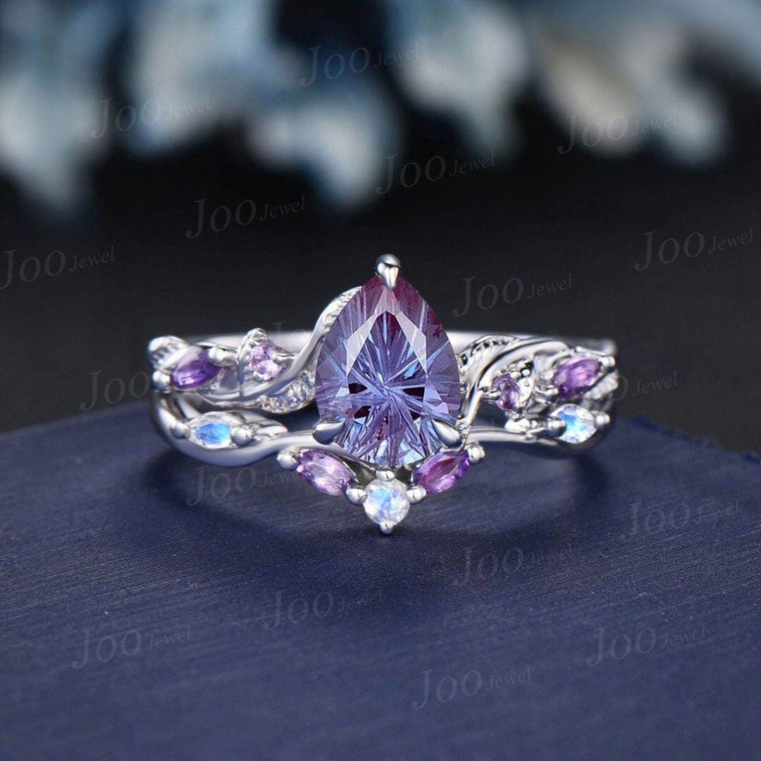 Fireworks Cut Alexandrite Wedding Ring Set Starbrite Alexandrite Rings Women Twig Vine Moonstone Amethyst Bridal Set June Birthstone Gifts