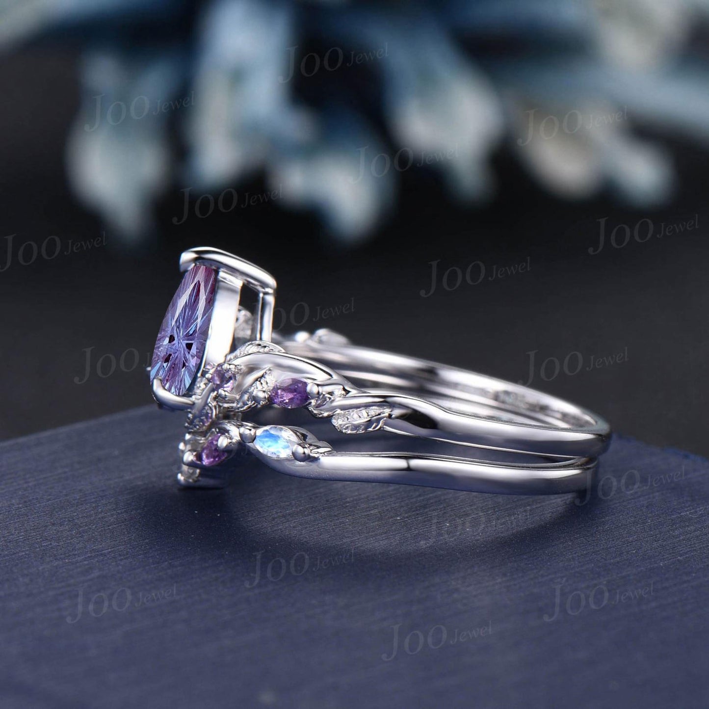 Fireworks Cut Alexandrite Wedding Ring Set Starbrite Alexandrite Rings Women Twig Vine Moonstone Amethyst Bridal Set June Birthstone Gifts