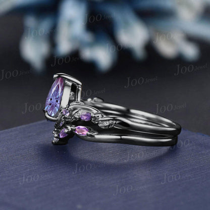 1.25ct Pear Cut Starbrite Alexandrite Black Gold Bridal Rings Anniversary Gift Purple Amethyst Wedding Ring Fireworks Cut Alexandrite Rings