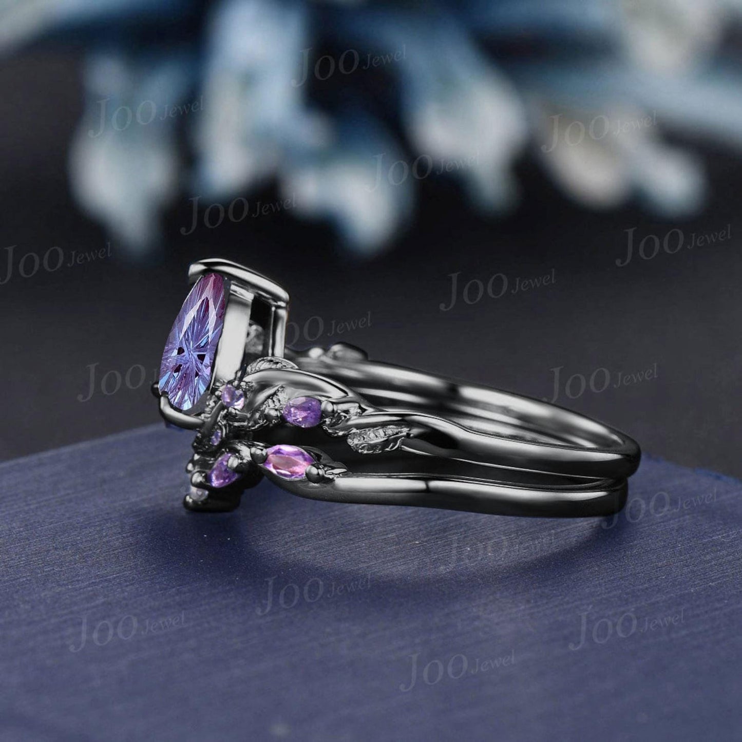Starbrite Alexandrite Black Gold Bridal Ring Set Solid Gold Amethyst Wedding Ring Fireworks Cut Alexandrite Rings for Women Handmade Jewelry