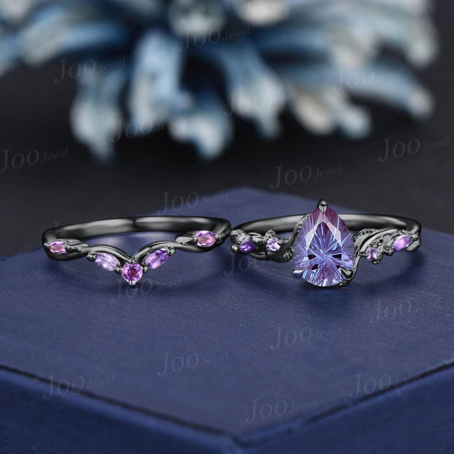 Starbrite Alexandrite Black Gold Bridal Ring Set Solid Gold Amethyst Wedding Ring Fireworks Cut Alexandrite Rings for Women Handmade Jewelry