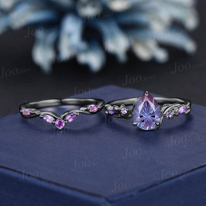 Starbrite Alexandrite Black Gold Bridal Ring Set Solid Gold Amethyst Wedding Ring Fireworks Cut Alexandrite Rings for Women Handmade Jewelry