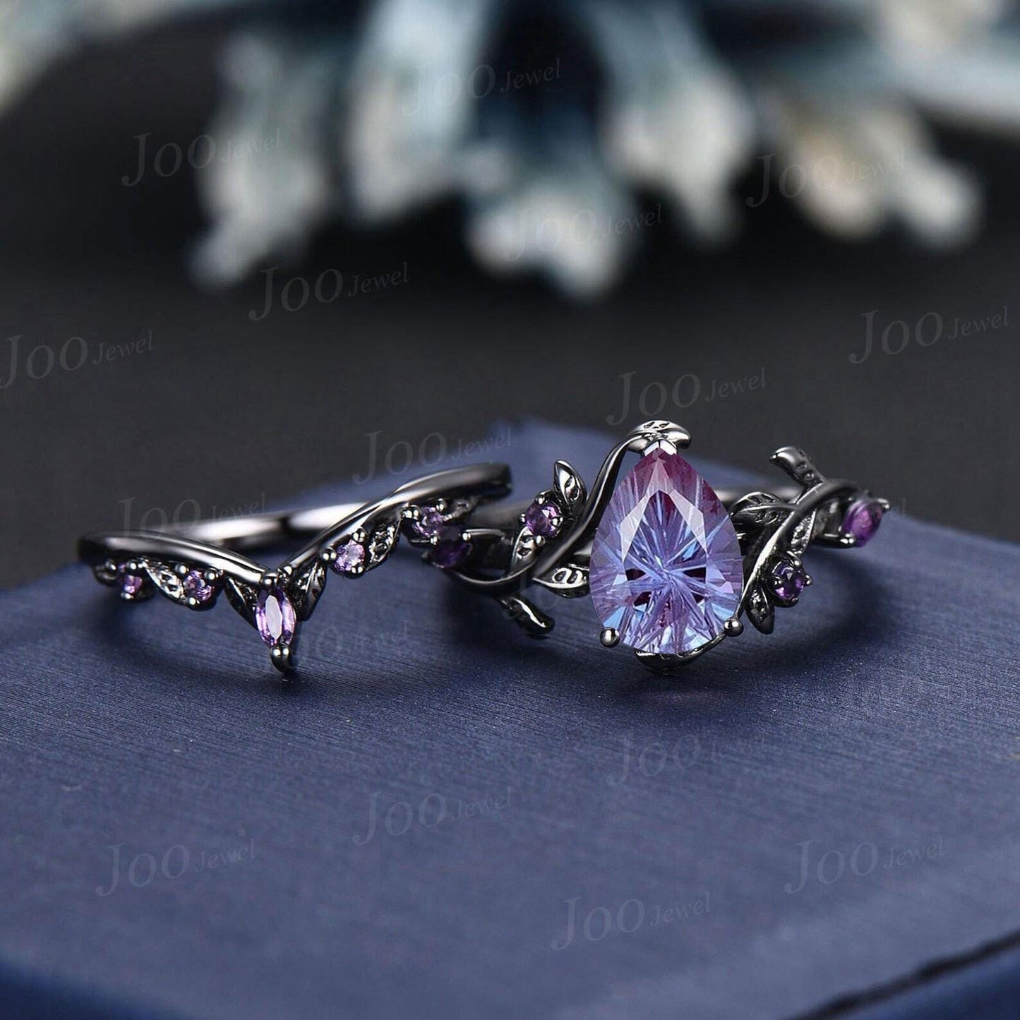 1.25ct Pear Cut Starbrite Alexandrite Black Gold Bridal Rings Anniversary Gift Purple Amethyst Wedding Ring Fireworks Cut Alexandrite Rings