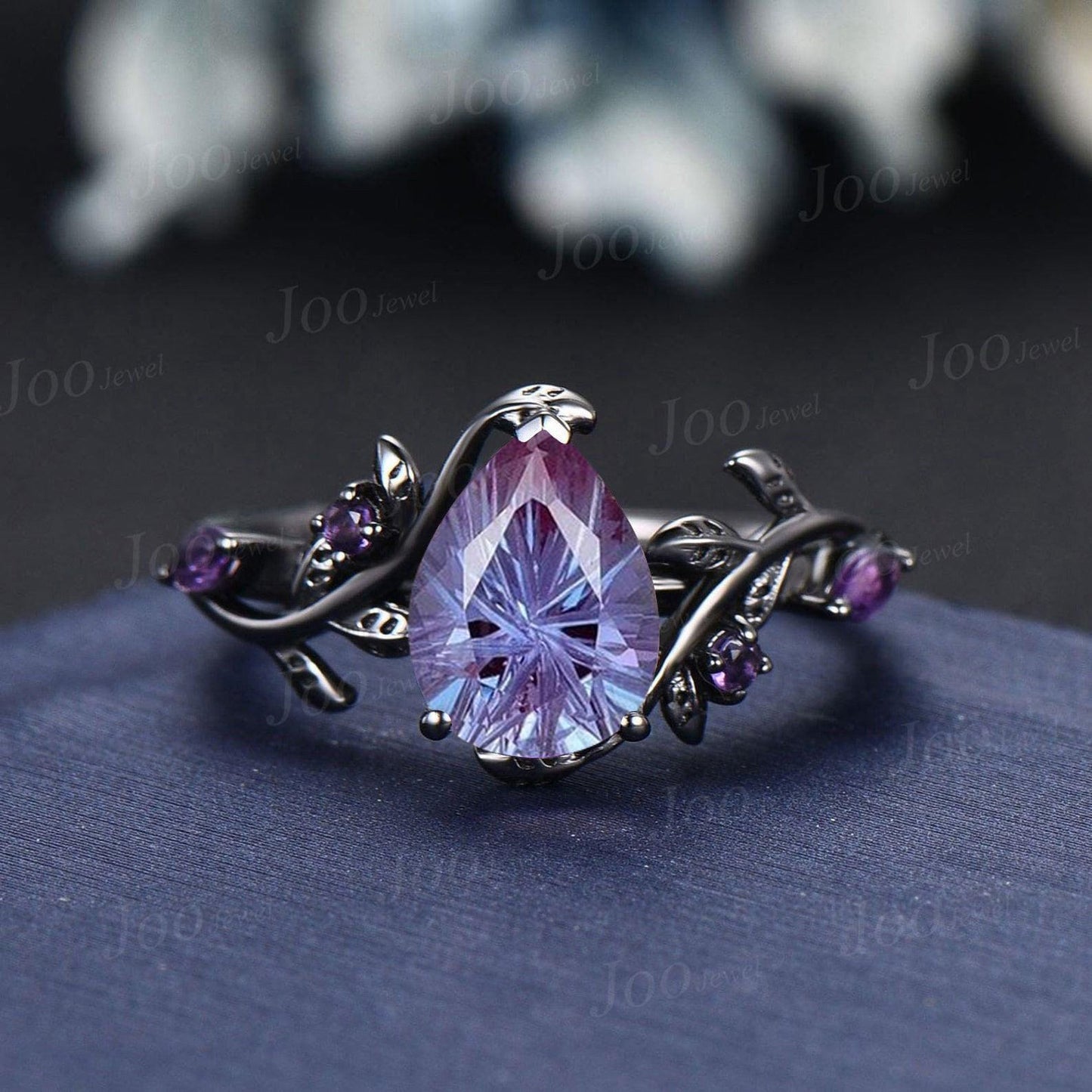 1.25ct Pear Cut Starbrite Alexandrite Black Gold Bridal Rings Anniversary Gift Purple Amethyst Wedding Ring Fireworks Cut Alexandrite Rings