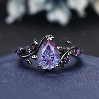 1.25ct Pear Cut Starbrite Alexandrite Black Gold Bridal Rings Anniversary Gift Purple Amethyst Wedding Ring Fireworks Cut Alexandrite Rings