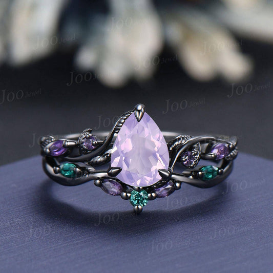 1.25ct Pear Cut Lavender Amethyst Black Gold Bridal Ring, Twig Vine Leaf Ring, Antique Emerald Amethyst Promise Ring Set Anniversary Gifts