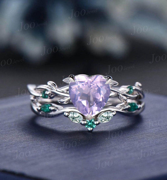 Vintage Heart Cut Natural Lavender Amethyst Bridal Ring Sterling Silver Art Deco Nature Inspired Emerald Moss Agate Wedding Rings Set Women